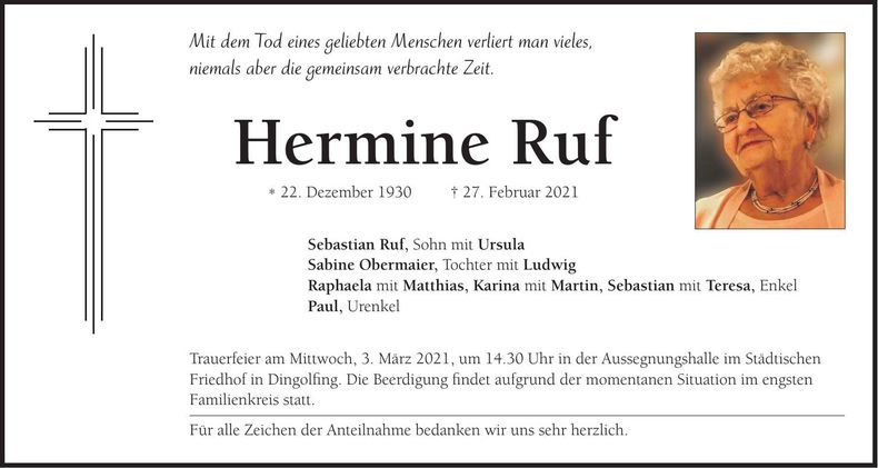 Traueranzeige Hermine Ruf