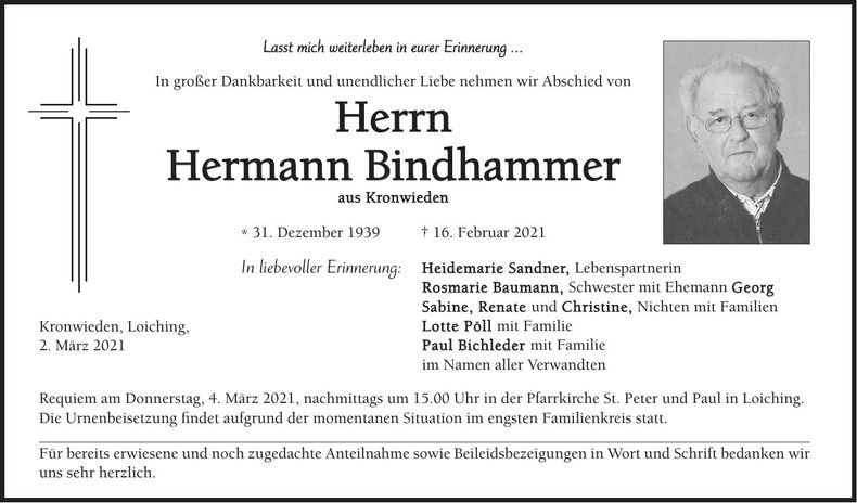 Traueranzeige Hermann Bindhammer