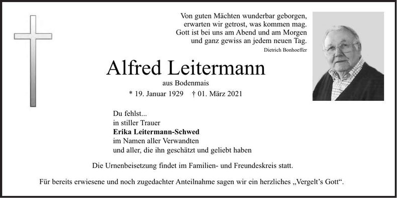 Traueranzeige Alfred Leitermann