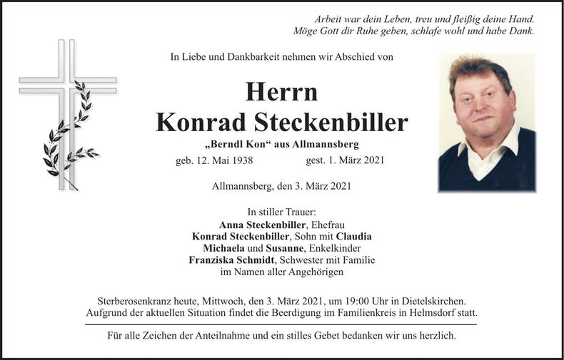 Traueranzeige Konrad Steckenbiller