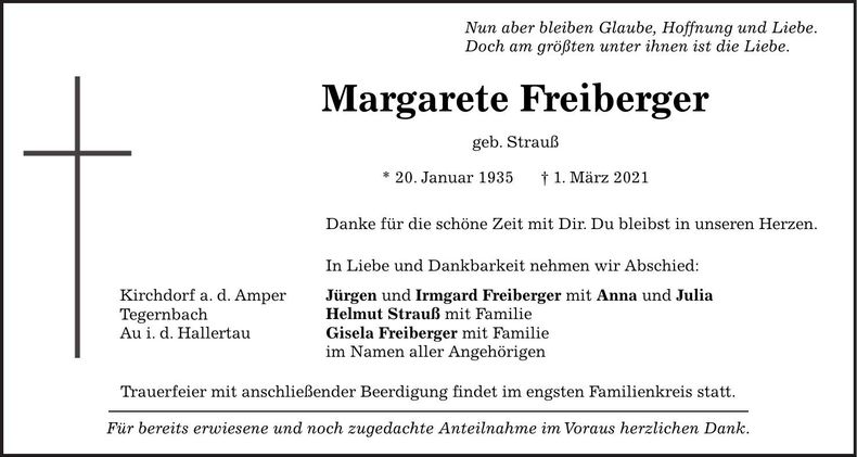 Traueranzeige Margarete Freiberger