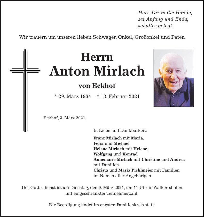 Traueranzeige Anton Mirlach