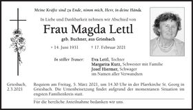Traueranzeige Magda Lettl