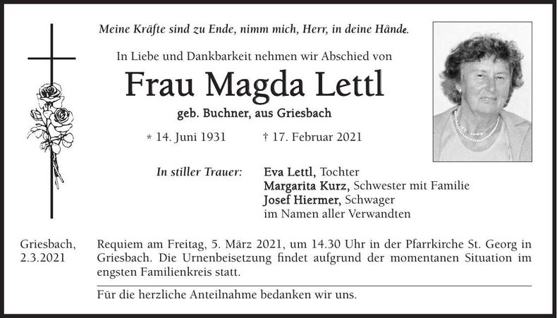 Traueranzeige Magda Lettl