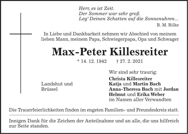 Traueranzeige Max-Peter Killesreiter