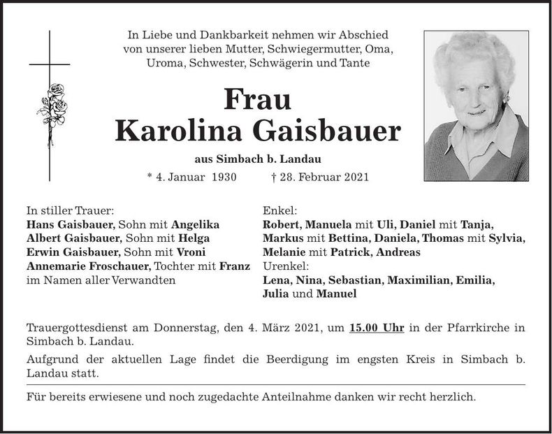 Traueranzeige Karolina Gaisbauer