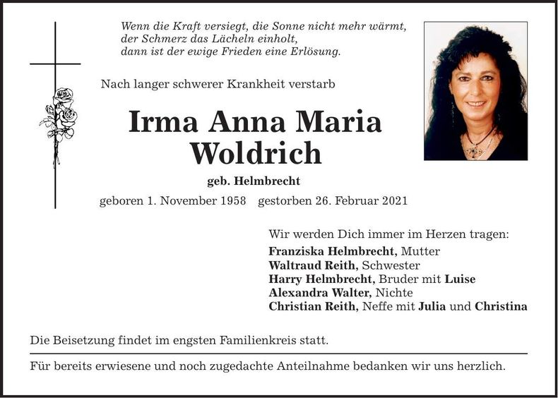 Traueranzeige Irma Anna Maria Woldrich