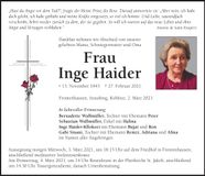 Traueranzeige Inge Haider