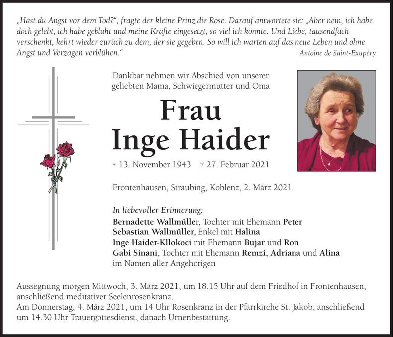 Traueranzeige Inge Haider