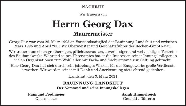 Traueranzeige Dax Georg