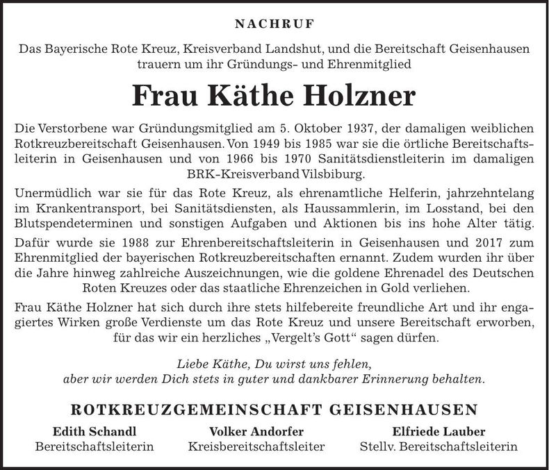 Traueranzeige Käthe Holzner