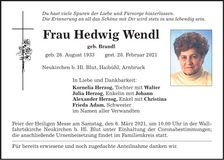 Traueranzeige Hedwig Wendl