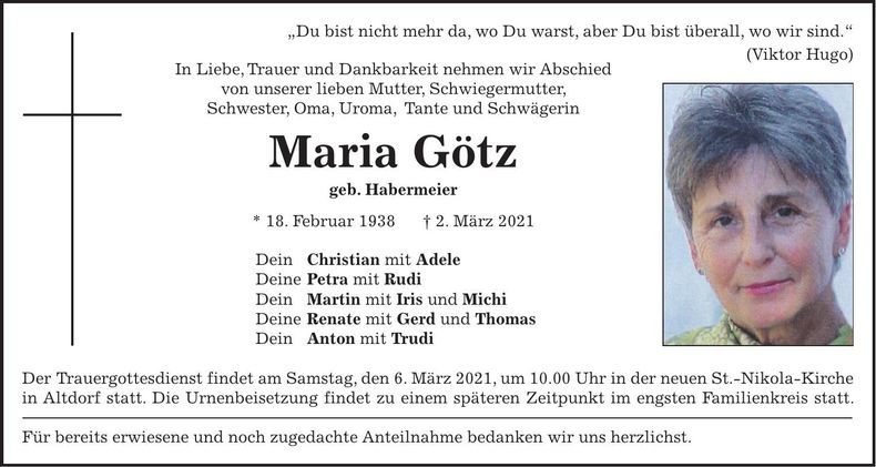 Traueranzeige Maria Götz