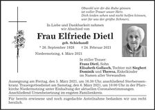 Traueranzeige Elfriede Dietl