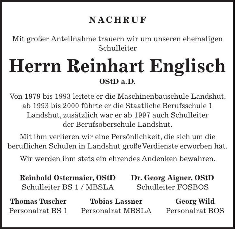 Traueranzeige Reinhart Englisch