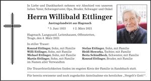Traueranzeige Willibald Ettlinger