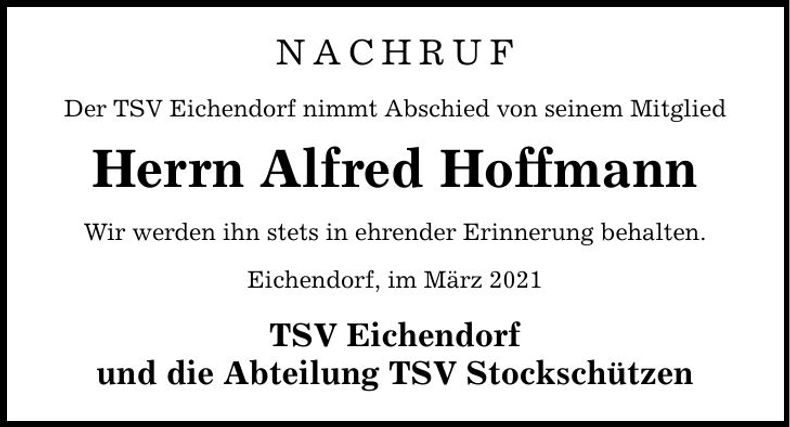 Traueranzeige Alfred Hoffmann