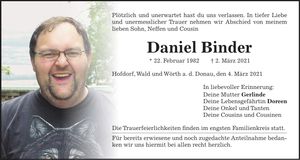 Traueranzeige Daniel Binder