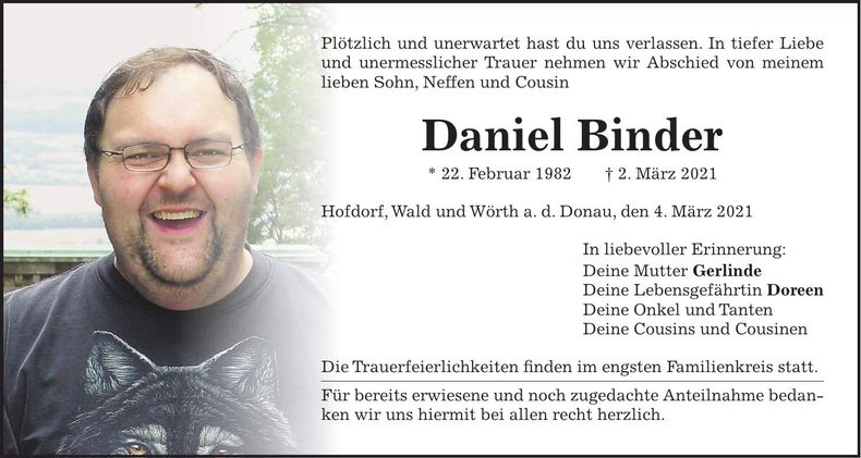 Traueranzeige Daniel Binder