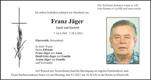 Traueranzeige Franz Jäger