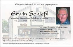 Traueranzeige Erwin Schießl