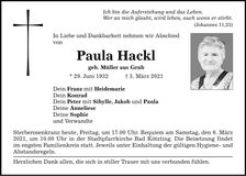Traueranzeige Paula Hackl