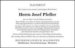 Traueranzeige Josef Pfeffer