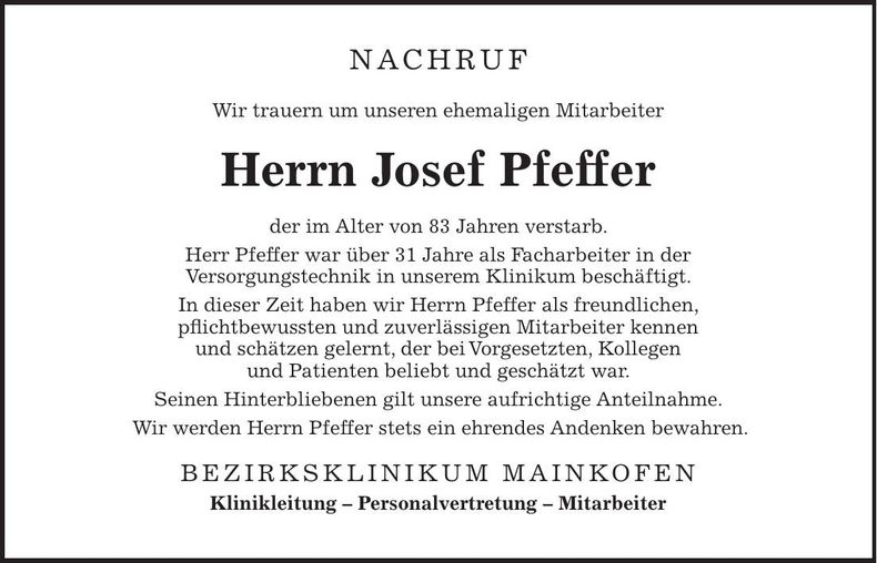 Traueranzeige Josef Pfeffer
