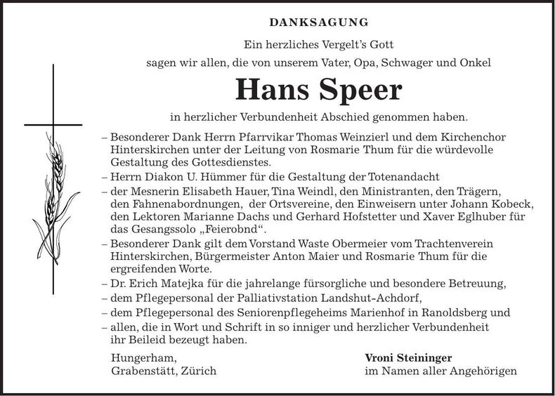 Traueranzeige Hans Speer