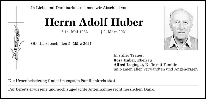 Traueranzeige Adolf Huber