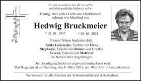 Traueranzeige Hedwig Bruckmeier