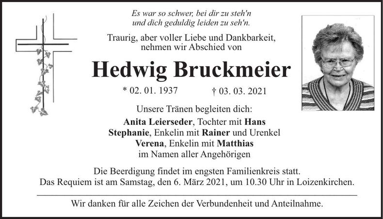 Traueranzeige Hedwig Bruckmeier