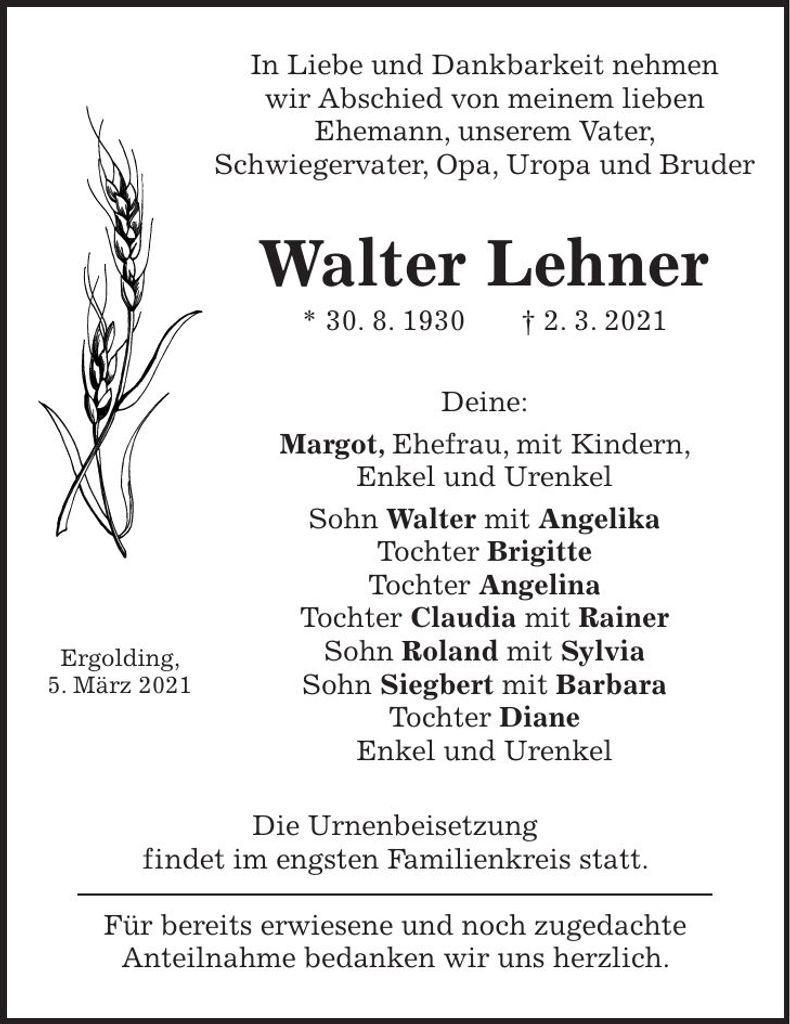 Traueranzeige Walter Lehner