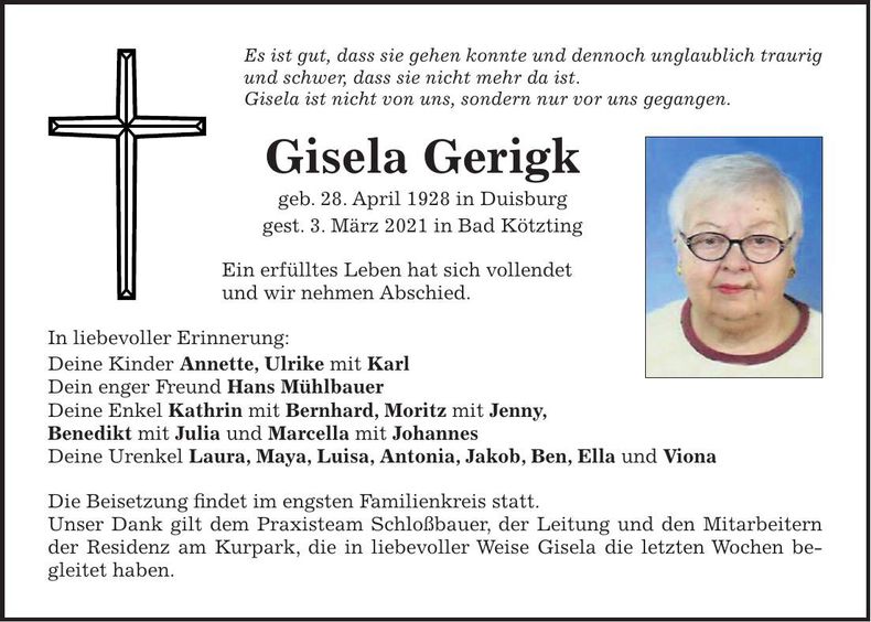 Traueranzeige Gisela Gerigk