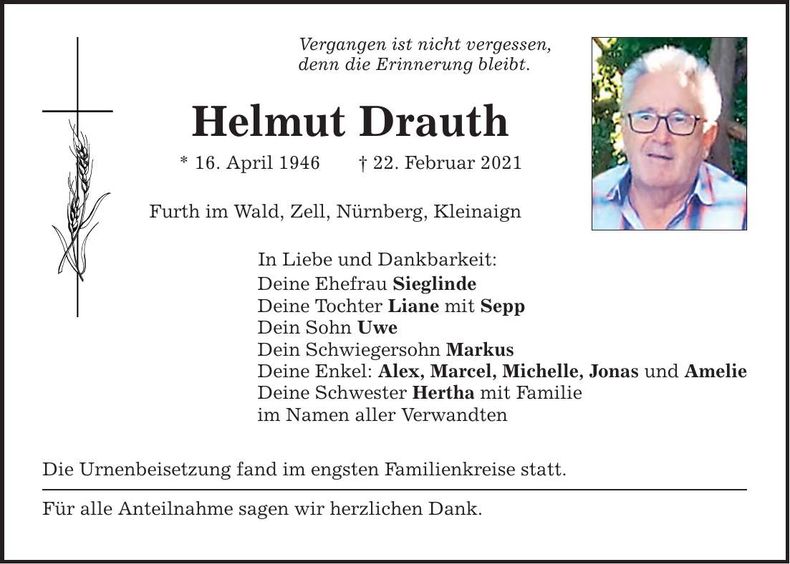 Traueranzeige Helmut Drauth
