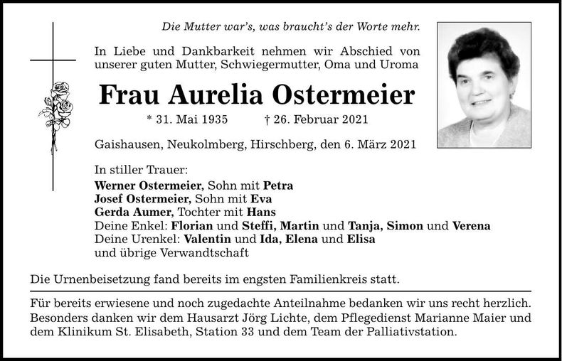 Traueranzeige Aurelia Ostermeier