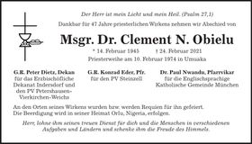 Traueranzeige Clement Msgr. Dr. N. Obielu