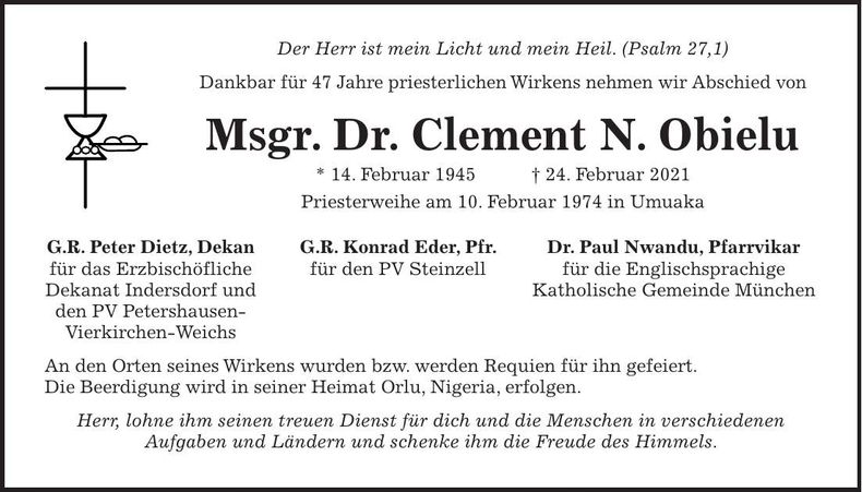 Traueranzeige Clement Msgr. Dr. N. Obielu