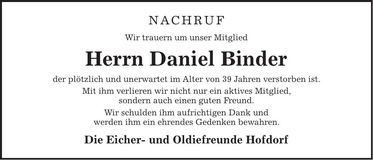 Traueranzeige Daniel Binder