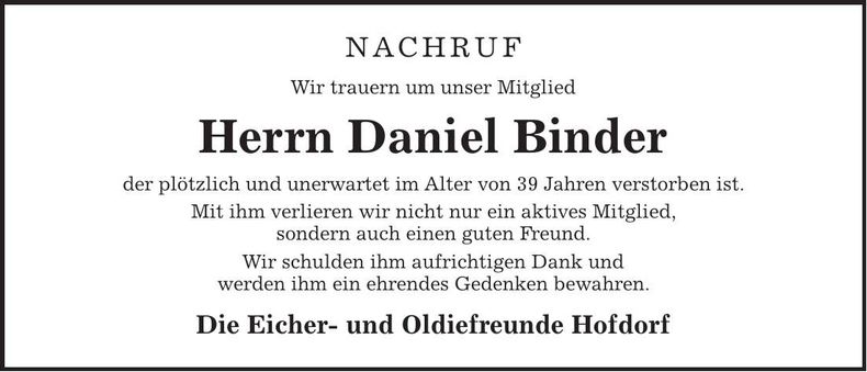 Traueranzeige Daniel Binder