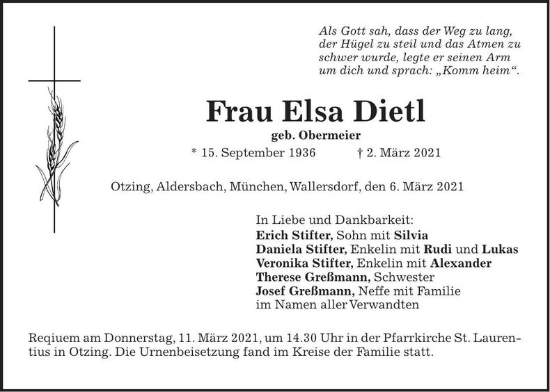 Traueranzeige Elsa Dietl