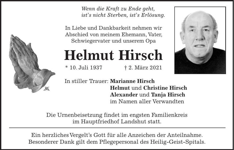 Traueranzeige Helmut Hirsch