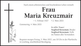 Traueranzeige Maria Kreuzmair