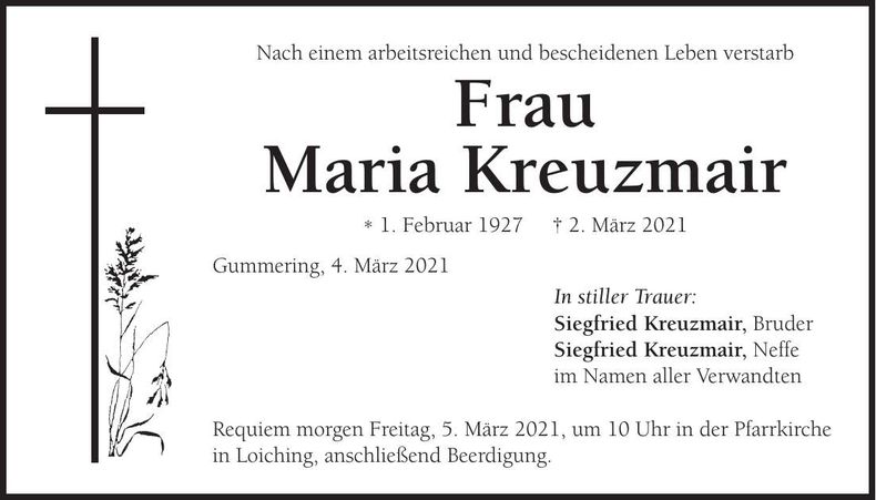 Traueranzeige Maria Kreuzmair