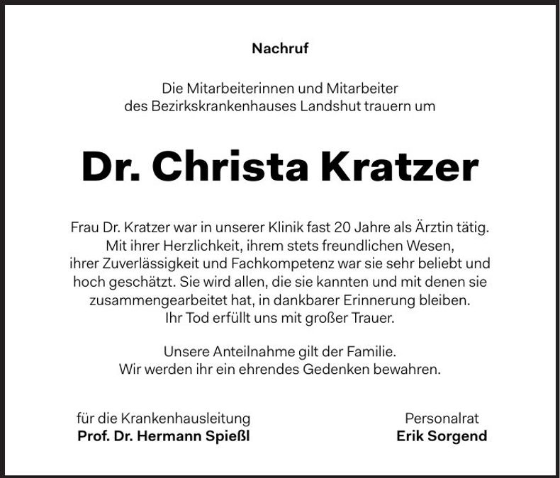 Traueranzeige Christa Dr. Kratzer