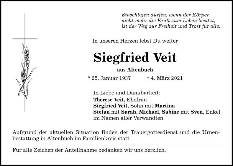 Traueranzeige Siegfried Veit