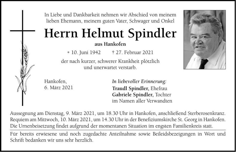 Traueranzeige Helmut Spindler