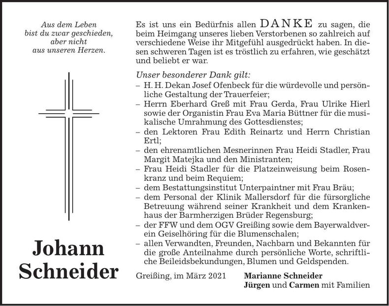 Traueranzeige Johann Schneider