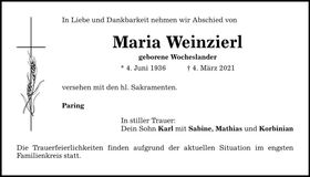 Traueranzeige Weinzierl Maria