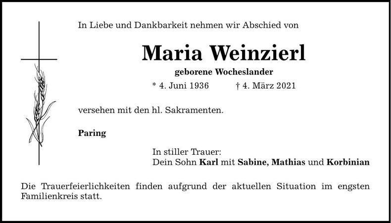 Traueranzeige Weinzierl Maria